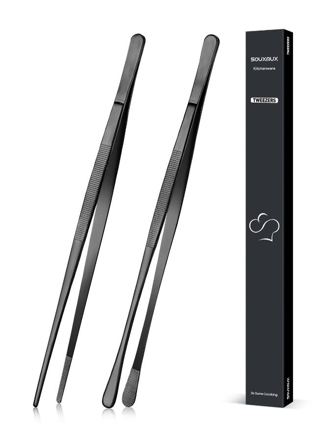 SouxMux 2 Pcs 12-inch Cooking Tweezers Tongs Precision Serrated Tips, Stainless Steel Professional Chef Tweezer Kitchen Tools for BBQ, Plating and Serving (Black) - Image 1